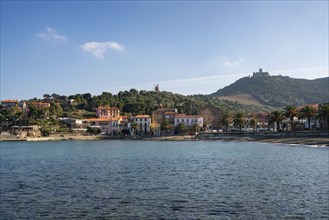 Collioure view from the other side of the bay with Fort of Saint Elme on the top of the village and