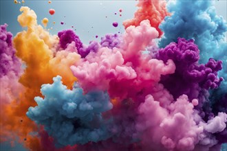 Vibrant paint cloud explosion with blue, pink, purple, and orange hues against a light background,