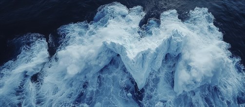 Powerful waves crashing against ice formations, viewed from above, AI generated