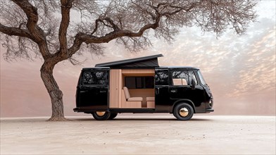 A black vintage camper van is parked by a tree in an open field during sundown, AI generated