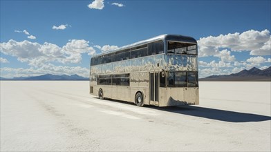 A reflective double-decker bus in a vast desert landscape with mountains in the distance under a