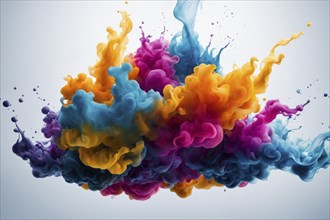 Colorful abstract paint explosion with blue, yellow, pink, and orange hues against a light