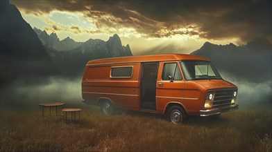 Orange camper van in a grassy field with mist and mountains in the background, under a mystical