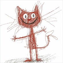 A scribbled cat outlined in red, smiling with wide eyes, giving an expressive and playful