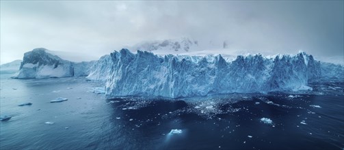 Massive ice cliffs and snow-covered mountains towering over the blue ocean in a dramatic Antarctic