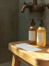 Two amber pump bottles on a wooden stool in an industrial-style setting illuminated by sunlight,