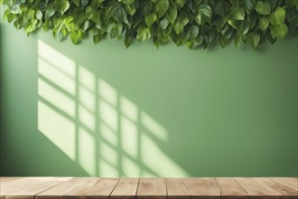 Indoor scene with green wall plants casting shadows on a green wall, seen behind a wooden surface,