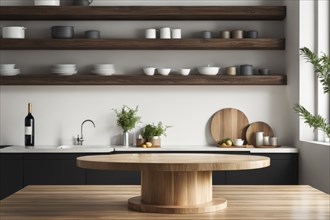 A modern kitchen with open shelves and a wooden table, featuring neutral colors and plants, AI