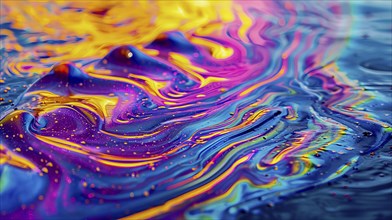 A vivid abstract artwork with bright pink, blue, and yellow hues and fluid textures creating a