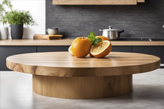 Modern kitchen with a wooden table, orange fruit, clean design, and natural light creating a cozy