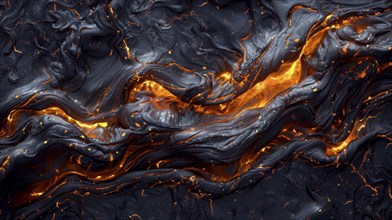 Dynamic abstract lava flow with radiant orange streaks on dark surfaces, intensely glowing, AI