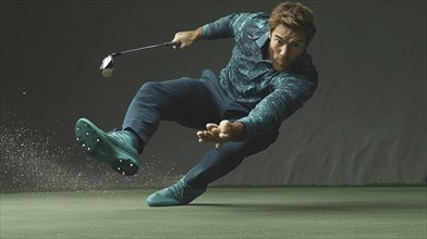 A man in motion with a golf club in an indoor setting, showcasing dynamic athleticism, AI generated