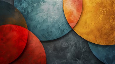 Abstract geometric composition with textured overlapping circles in red, blue, and yellow, AI