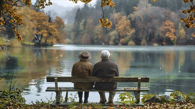 Old couple sitting on a bench in autumn weather and looking into a small lake with discoloured