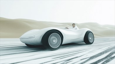 A sleek, futuristic car drifts through sandy dunes, kicking up clouds of dust. The sun sets in the