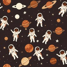 Whimsical space-themed illustration with cartoon astronauts, planets, and stars on a dark