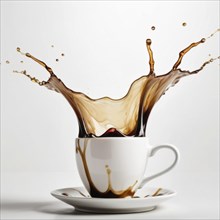 Action-filled coffee splash from a white cup, with some liquid on the saucer base, AI generated