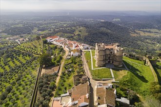 Evoramonte drone aerial view of village and castle in Alentejo, Portugal, Europe