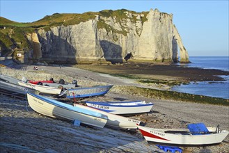 Etretat, fishing boats on the seaside in the morning