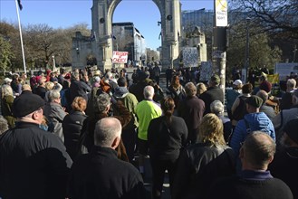 CHRISTCHURCH, NEW ZEALAND, JULY 24, 2021, People gather at a protest rally at the Bridge of