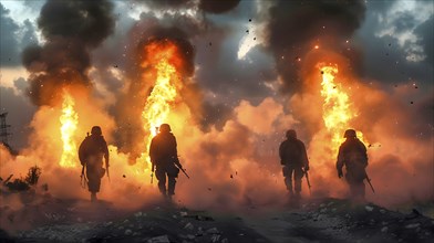 Four soldiers armed with rifles, in a dangerous mission, walking towards a wall of fire, with lots