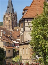 A village with a striking church tower, surrounded by old houses and lush plants, Weissenburg,