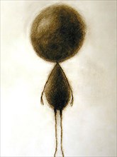 A minimalist, abstract sepia-toned artwork of a solitary figure on a light background, AI generated