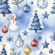 Festive winter themed illustration featuring snowmen, Christmas trees, and ornaments on a blue