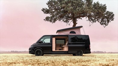 A black camper van is parked by a tree in an open field on a bright day, AI generated