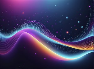 Glowing neon lights in purple and blue with scattered dots create a flowing wave pattern against a