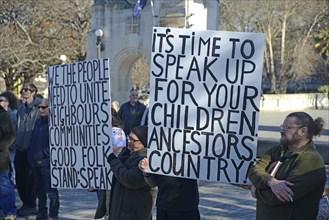 CHRISTCHURCH, NEW ZEALAND, JULY 24, 2021, Detail of a placard at a protest rally at the Bridge of