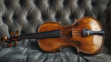 Classic wooden violin set against a dark, textured fabric, giving a refined and elegant impression,