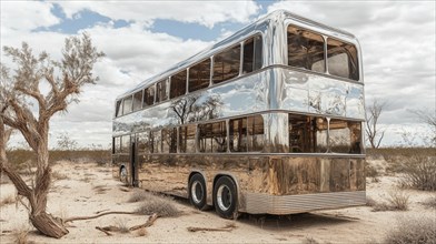 Chrome double-decker bus reflecting its surroundings in a desert with dry trees under a bright sky,