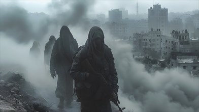 Hooded fighters leave, surrounded by smoking smoke, a city in the Middle East, AI generated, AI