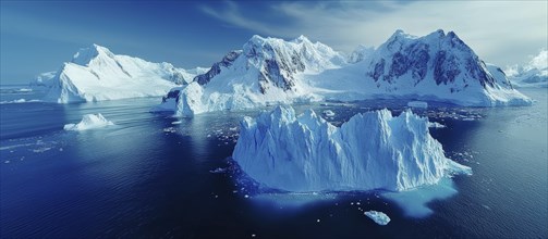 Snow-covered mountains and massive icebergs in the blue ocean under a clear sky, AI generated