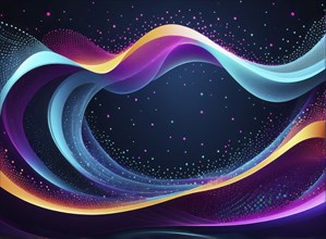 Vibrant neon waves in blue, purple and yellow colors flow against a dark background, creating a