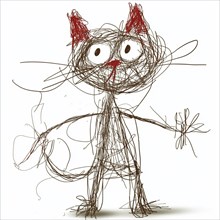 A scribbled cat with red ears, drawn in chaotic lines, giving a whimsical and childlike appearance,