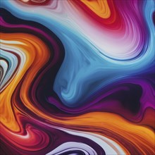 Abstract fluid swirl in vibrant colors, including red, orange, blue, and purple, creating a dynamic