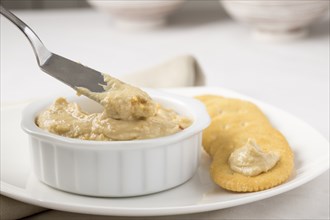 A studio photo of hummus spread and snack crackers on a plate