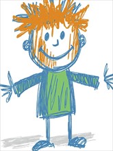 A playful childlike drawing of a stick figure with orange hair and colorful outfit, AI generated