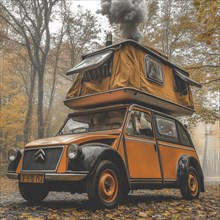 Foggy autumn forest scene with an orange vintage car with rooftop tent van, smoke rising from a