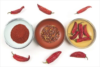 A flatlay photo of wooden bowls with whole peppers, red pepper powder, and red pepper flakes