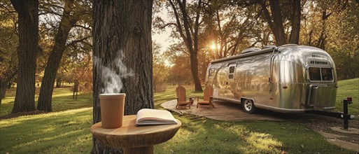 A shiny trailer parked in a forest during sunrise, with a steaming cup and book, creating a cozy