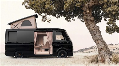 Black camper van parked under a tree in a scenic field with a cloudy sky, presenting a minimalist