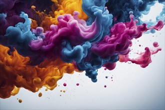 Dynamic paint explosion with vibrant colors, including blue, orange, and pink, creating an