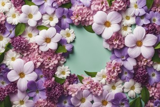 A delicate floral wreath made of pink, purple, and white flowers with green leaves, AI generated