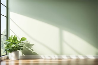 Sunlit plant near window with shadows on green wall and wooden floor, AI generated