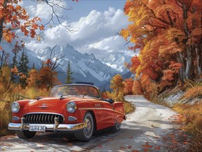 Beautiful paiting of a classic red convertible drives along a scenic mountain road lined with