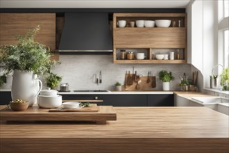 A modern kitchen featuring wooden countertops, plants, and wooden utensils under ample natural