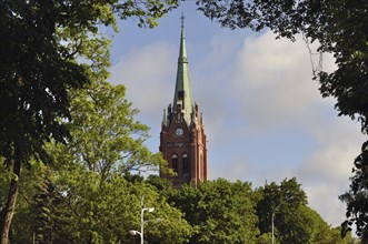 A tall church steeple in historic Latvia, Lithuania, Europe